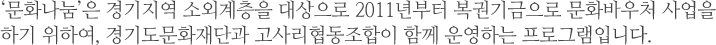 ‘문화나눔’은 경기지역 소외계층을 대상으로 2011년부터 복권기금으로 문화바우처 사업을 하기 위하여, 경기도문화재단과 고사리협동조합이 함께 운영하는 프로그램입니다.